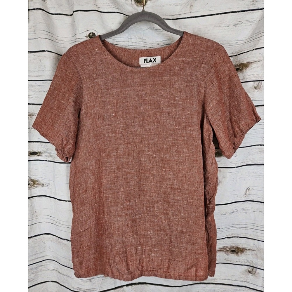 FLAX  100% Linen Tunic Top P Boxy Short Sleeves Rust Red Womens